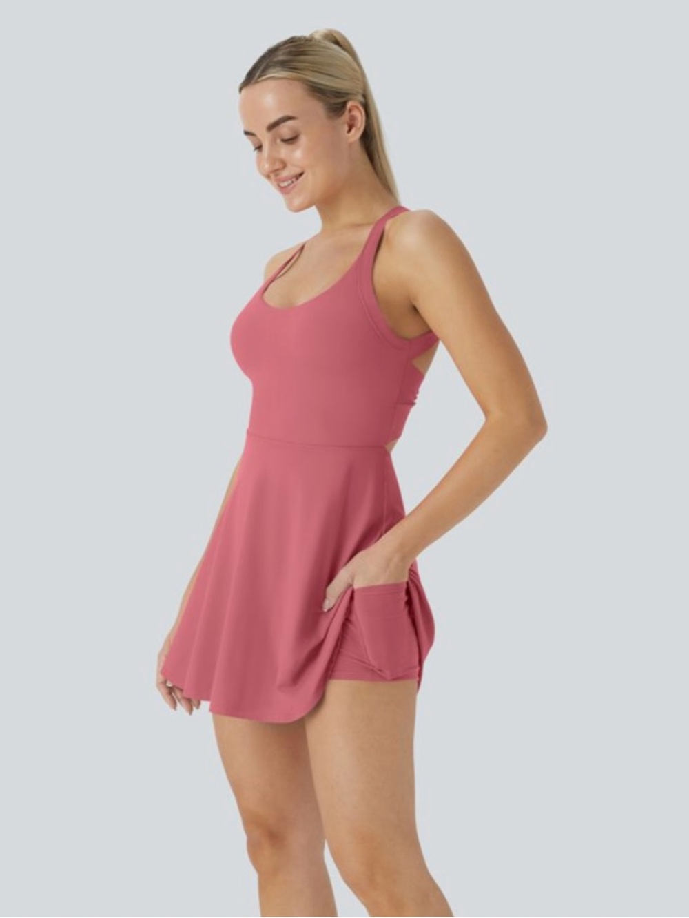 Halara Softlyzero Backless Twist CoolTouch Active Dress Easy Peezy Begonia Rouge